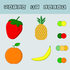 Developing activity for children -  match the  strawberry, pineapple, orange,  bananaby  color. Logic game for children.
