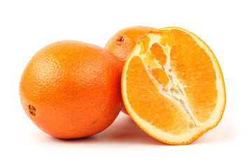 Whole orange fruit and his segments or cantles isolated on white background cutout