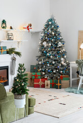 Interior of festive living room with beautiful Christmas trees and gift boxes