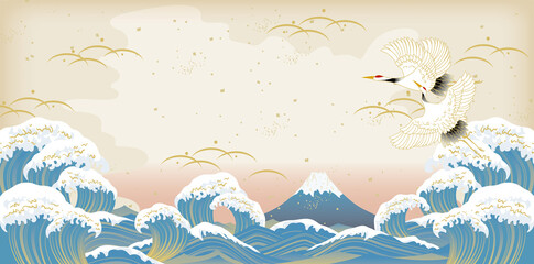 美しい富士山と大波の風景イラスト