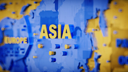 World map, Asia 3d in blu and yellow colors with shadows and glowing edges. 3d rendering.