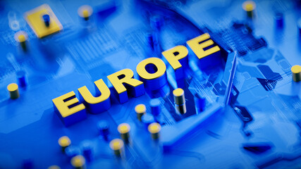 World map, Europe  3d in blu and yellow colors with shadows and glowing edges. 3d rendering.