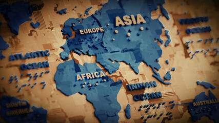World map 3d in blu colors with shadows and glowing edges. 3d rendering.