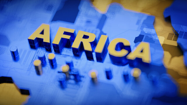 World map, Africa 3d in blu and yellow colors with shadows and glowing edges. 3d rendering.