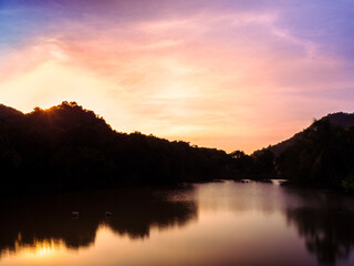 Flow river landscape, sunset, sunrise, nature, river in forest. Lake in forest, reflecting light, reflecting shadow