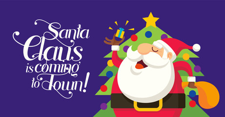 Fototapeta na wymiar Flat design Santa Claus holds Christmas gift on Christmas tree background. Christmas greeting card design