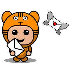 vector cartoon character cute predatory tiger animal mascot costume holding envelope