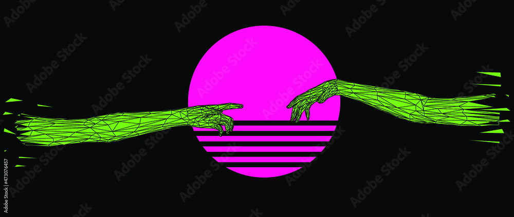Poster vector 3d model of hands going to touch together, reminiscent of michelangelo's artwork. cyberpunk a