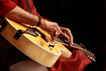 Close up of hand playing Indian musical instrument Mohan Veena.