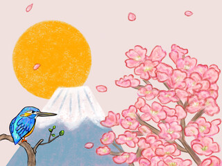カワセミと桜と富士山と日の出のイラスト