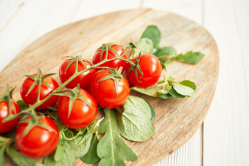 cherry tomatoes lettuce leaves wooden board fresh food