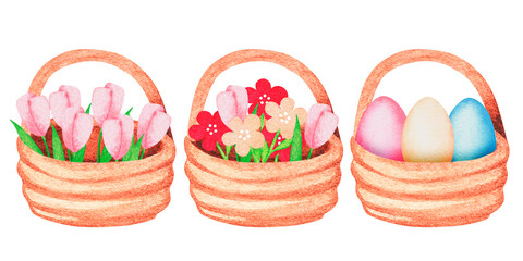 Easter baskets.Tulips, flowers, eggs.Watercolor vintage illustration.Isolated on a white background.