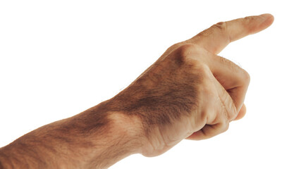 Male hand close up. Person points direction with his finger. Index finger of male hand on white background. Isolated fragment of man's hand. Directions route gesture. Human finger.