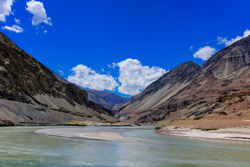 Scenic view of Confluence of Zanskar and Indus rivers - Leh, Ladakh, Jammu and Kashmir, India