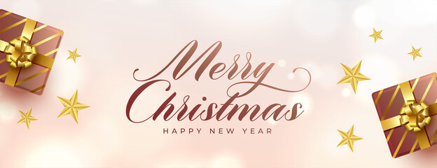 realistic merry christmas festival background with gift boxes and stars