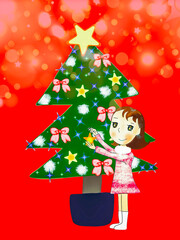 クリスマスツリーに飾りつけしている女の子のイラスト