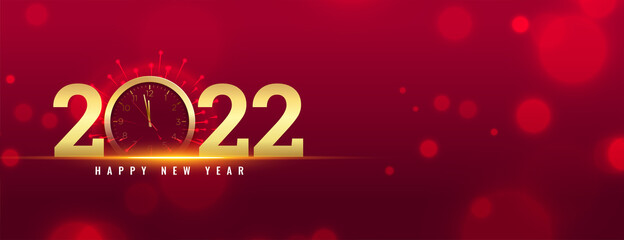 2022 golden new year time clock celebration bokeh red banner design