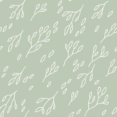 Simple seamless minimalist vector pattern with branches and leaves on a pastel green background