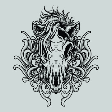 tattoo and t shirt design black and white hand drawn horse skull engraving ornament