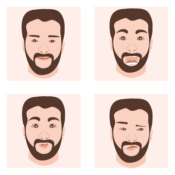 Collection of frames with cartoon images of handsome man with beard character (smiling, surprising ,confusing).Vector isolate flat design of Face expressions of adult man. Different male emotions set.