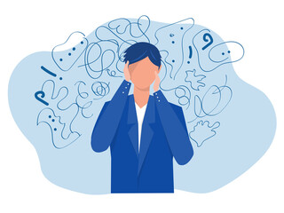 man suffers from obsessive thoughts; headache; unresolved issues; psychological trauma; depression.Mental stress panic mind disorder illustration Flat vector illustration.
