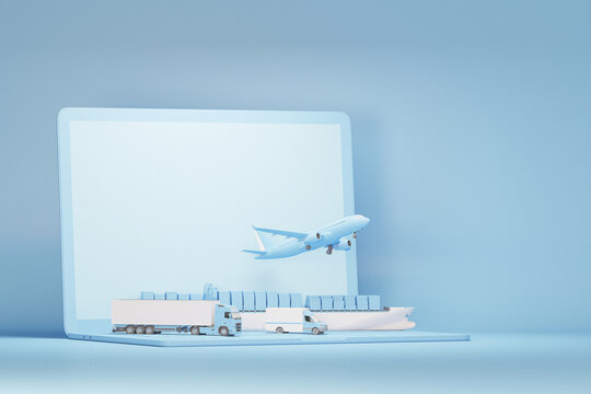 Floating computer with cargo ship, truck and plane. Concept of online goods orders worldwide on pastel blue background. Types of transport of transporting are loads. 3d render