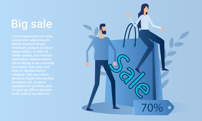 Big sale.Discounts sale and promotion of goods.Cheerful customers and seasonal discounts.Poster in business style.Flat vector illustration.