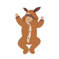 Boho sleeping baby. Healthy sleep concept. Cute newborn with pacifier in scandinavian rumper. Vector illustration in flat cartoon style.