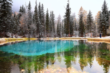 geyser blue lake altai winter landscape, mountain lake thermal spring
