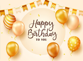 Birthday elegant greeting vector design. Happy birthday text in gold background with golden balloons and pennants celebration elements for celebrating birth day decoration. Vector illustration.
