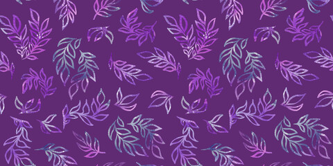 Watercolor summer floral multicolor Seamless pattern digital paper textile packaging Backgrounds. colorful Watercolour gray and purple doodle leafs elements on dark violet Background