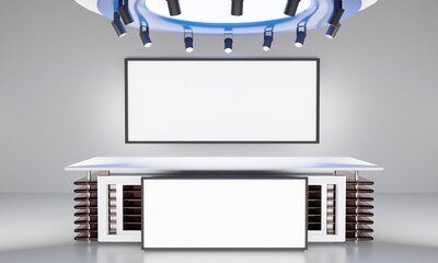 white table and lcd screen background in a news studio room.3d rendering.	