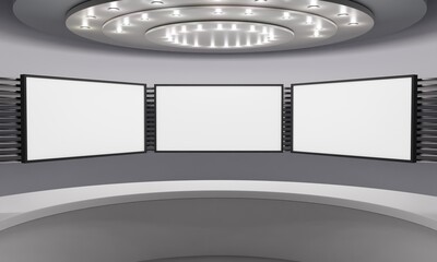 white table and lcd screen background in a news studio room.3d rendering.	