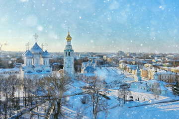 Vologda cathedral winter landscape aerial view from drone