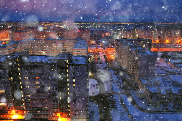 night city top view winter, architecture top roof facade lights