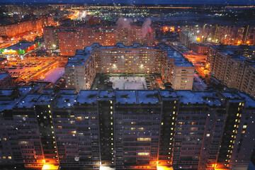 night city top view winter, architecture top roof facade lights