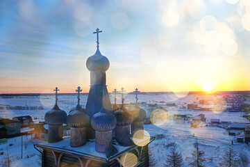 wooden church winter top view, landscape russian north architecture