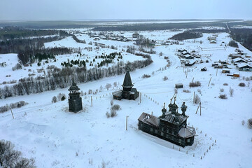 wooden church winter top view, landscape russian north architecture