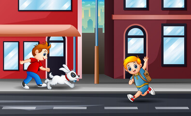 Cartoon the children running on the road