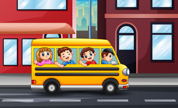 Cartoon happy children riding the school bus
