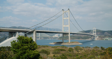 Tsing Ma Suspension bridge in Hong Kong city
