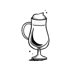 Hand drawn coffee drink with glass cup. Sketch doodle style. Coffee cup isolated vector illustration.
