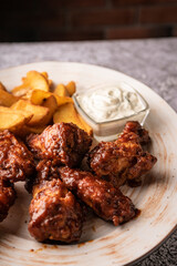 selective focus. barbecue chicken wings in breaded and sweet sauce. with natural sauce. restaurant serving. on a dark background. for menus and ads
