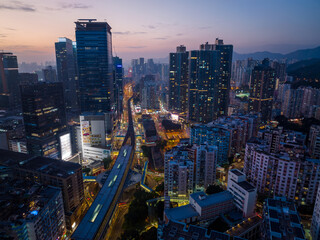 Obraz premium Top view of Hong Kong city at sunset