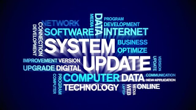 System Update animated tag word cloud;text design animation kinetic typography seamless loop.