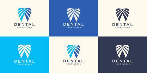 Set of abstract icons, signs and symbols with tooth for dental clinic logo concept in blue and white colors