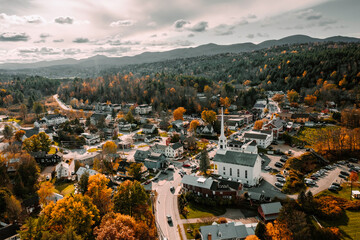 Aerial view of small charming Community Church in ski town of Stowe, Vermont