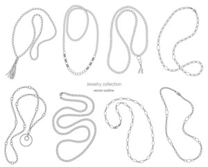 Jewelry collection of long beads. Outline image on a white background.