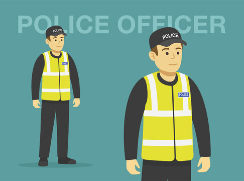 Isolated european traffic police officer with safety vest. Perspective front view. Flat vector illustration template.