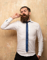 Portrait of handsome bearded man smoking cigar.
